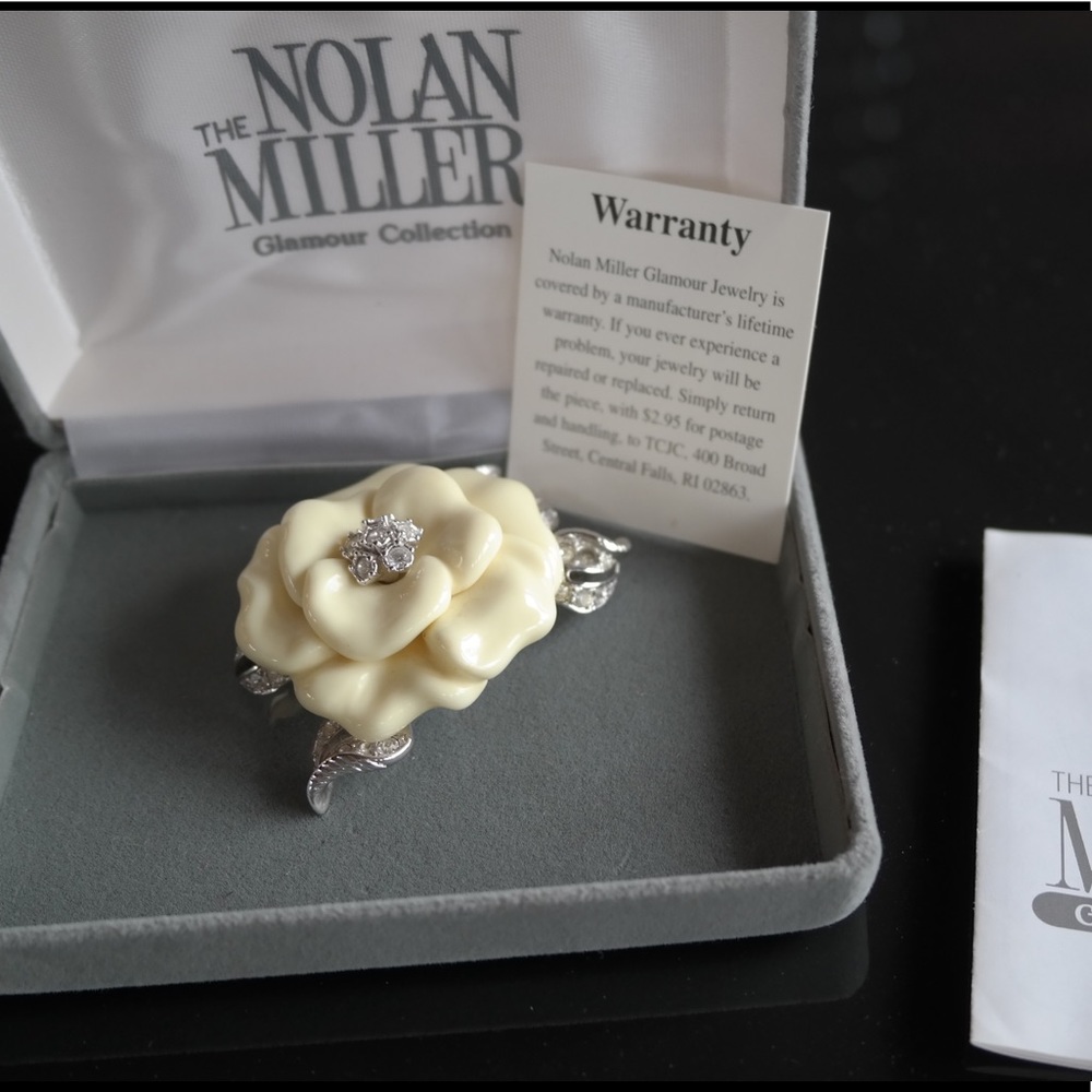 Nolan Miller White Rhinestone Enameled Rose Brooch